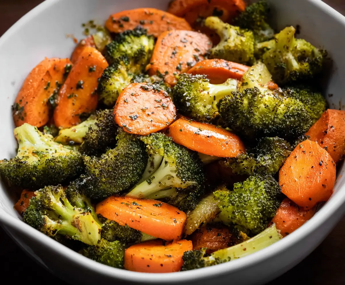 Delicious roasted broccoli and carrots served as a healthy vegetable side dish.