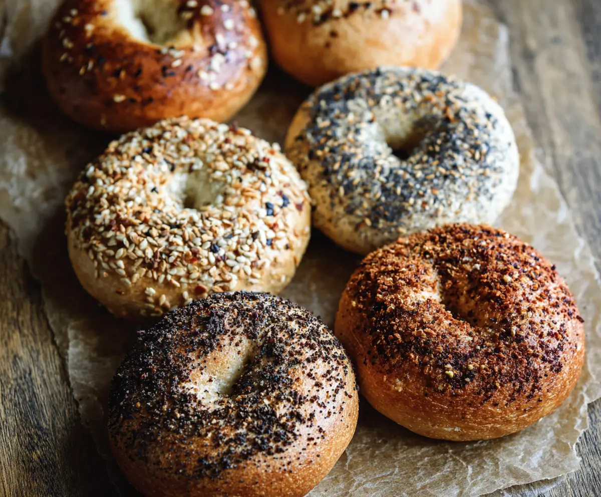 Delicious homemade sourdough bagels on a wooden surface, showcasing their golden-brown crust and chewy texture.