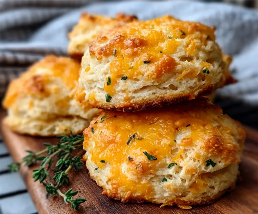 Golden-brown sourdough discard cheddar biscuits served fresh on a wooden cutting board.