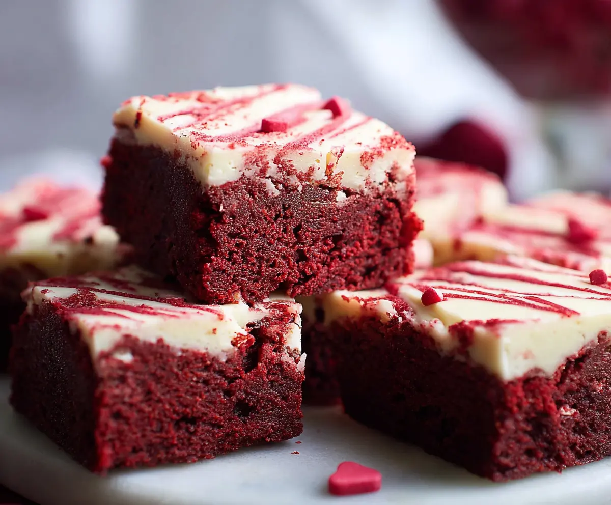 Delicious fudgy red velvet brownies on a plate, perfect for Valentine's Day desserts.