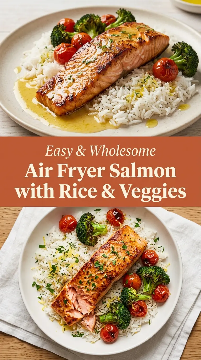 Air Fryer Salmon with Rice & Veggies flaky salmon charred veggies
