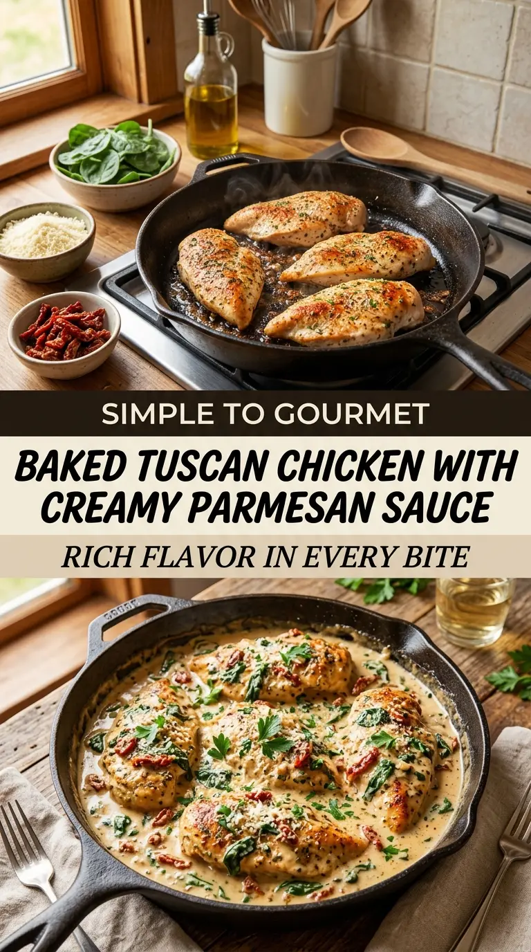 Baked Tuscan Chicken with Creamy Parmesan Sauce creamy savory golden