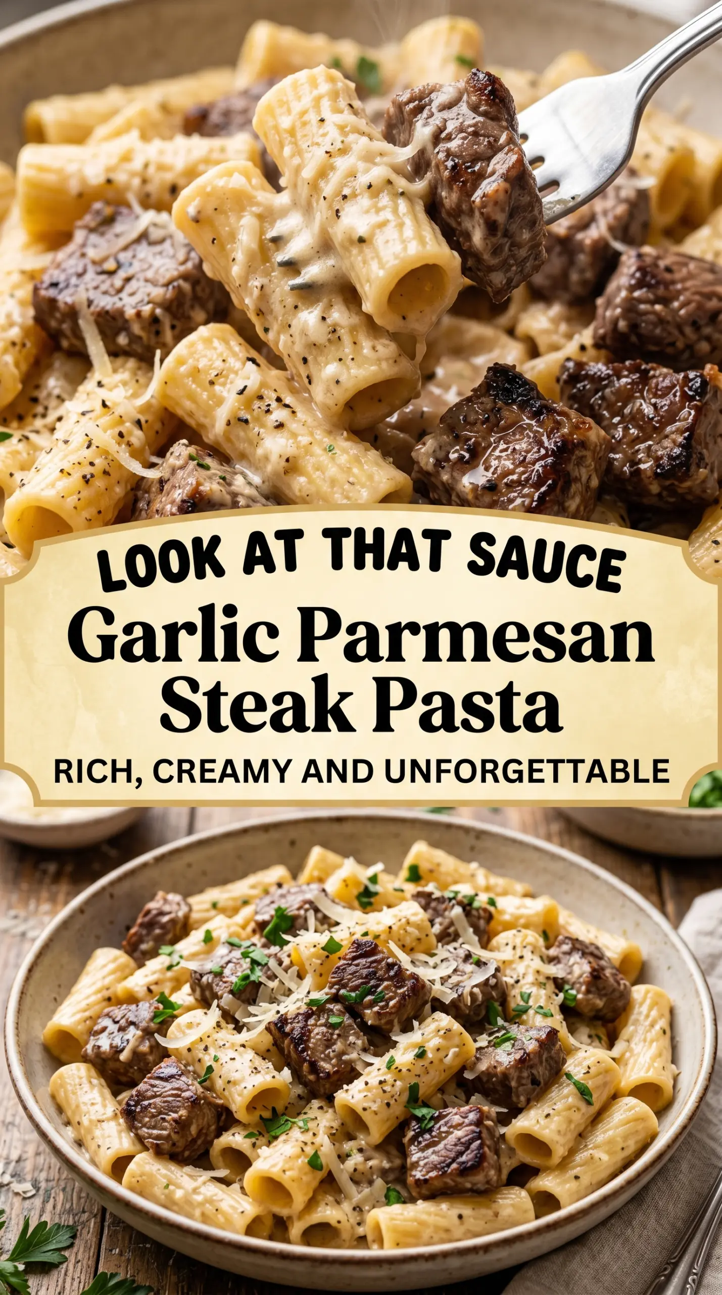 Creamy Garlic Parmesan Steak Pasta tender, garlicky, cheesy