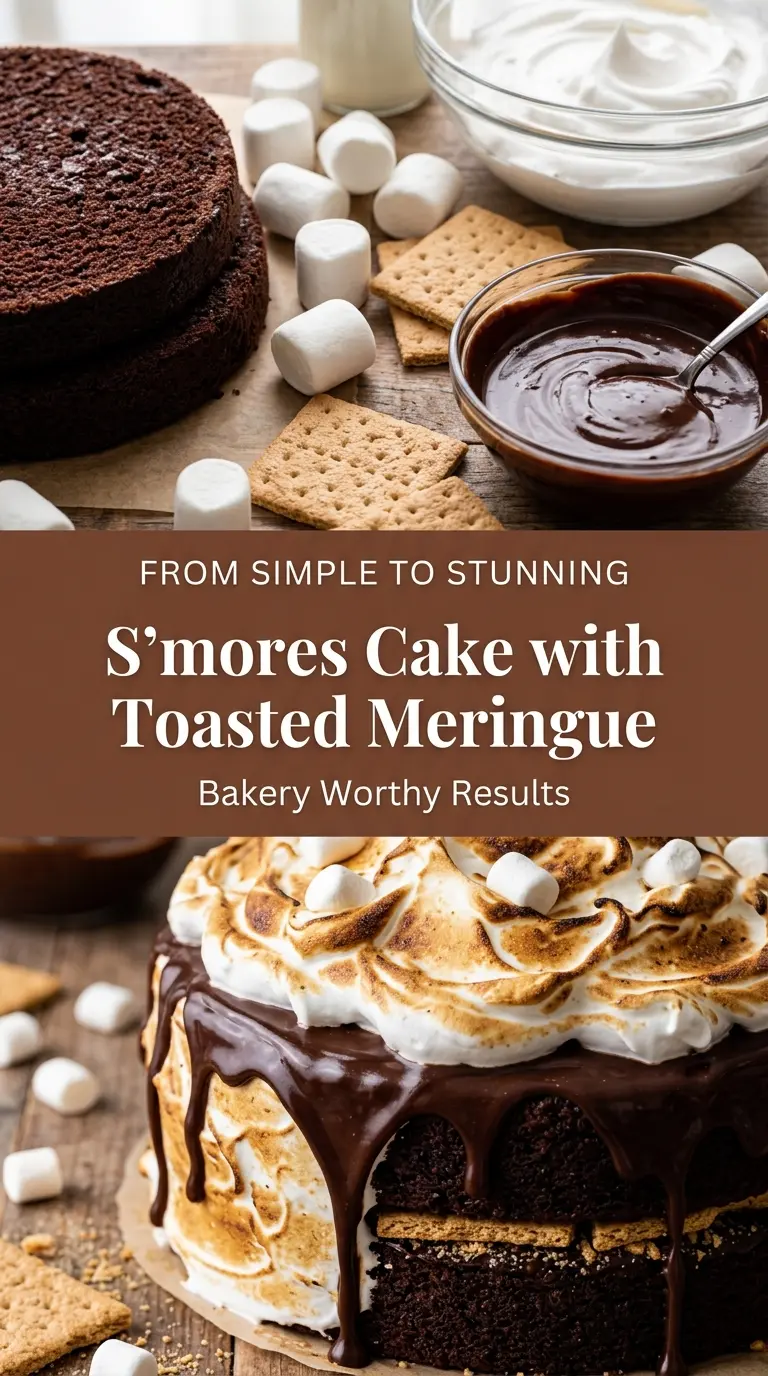 S'mores Cake with Toasted Meringue and Ganache Drip, chocolatey toasted