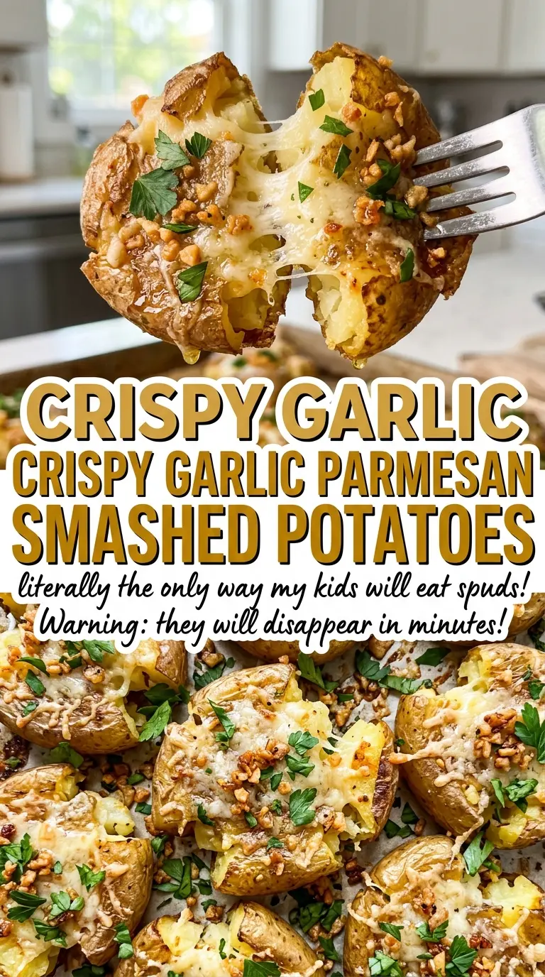 Crispy Garlic Parmesan Smashed Potatoes browned Parmesan tops