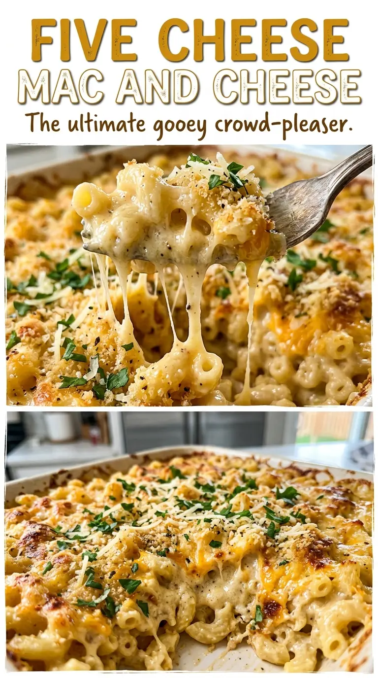Five Cheese Mac and Cheese golden bubbling casserole