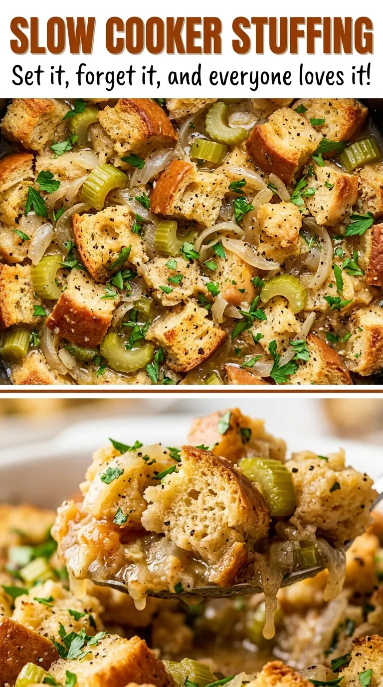 Slow Cooker Stuffing with tender, seasoned bread cubes