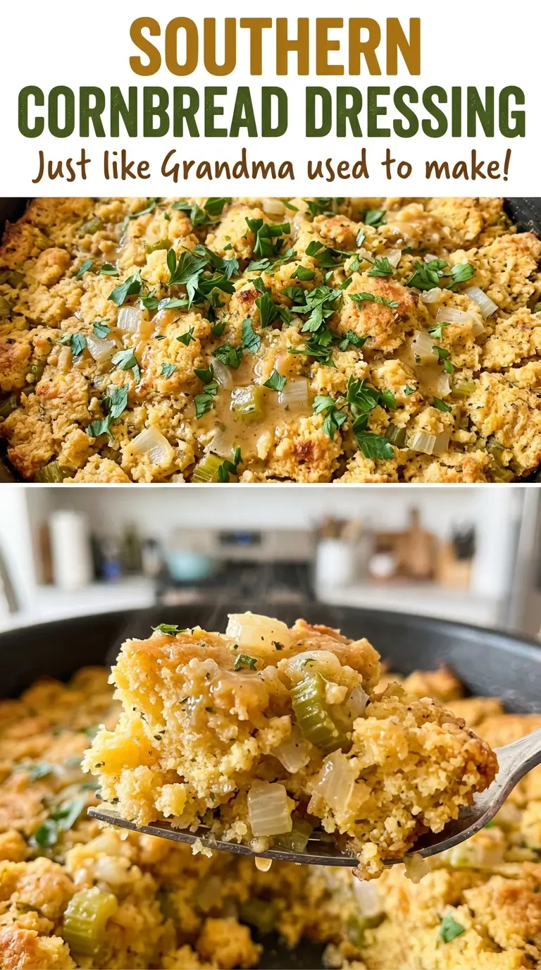 Southern cornbread dressing golden, savory, crumbly