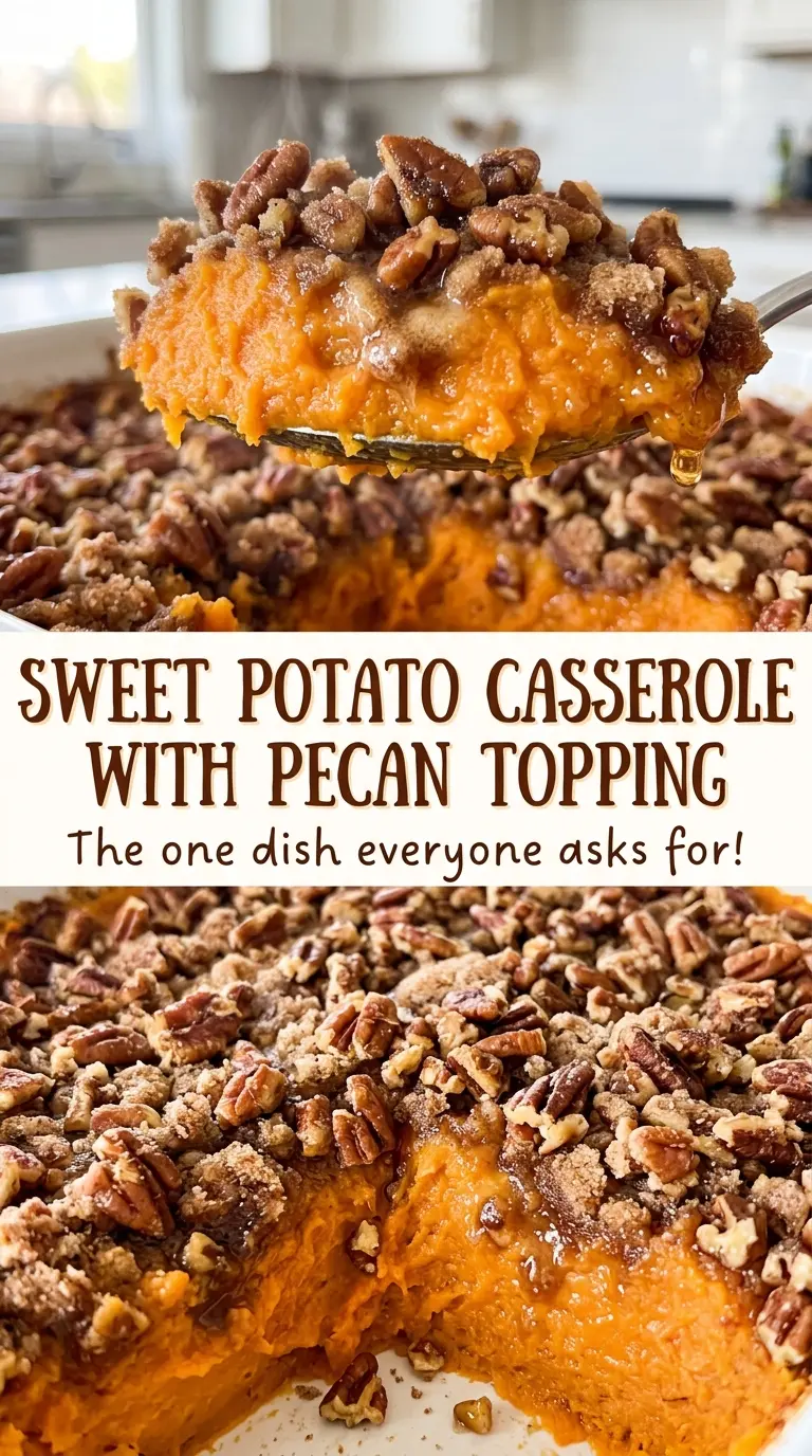 Sweet potato casserole with pecan topping, golden and crumbly